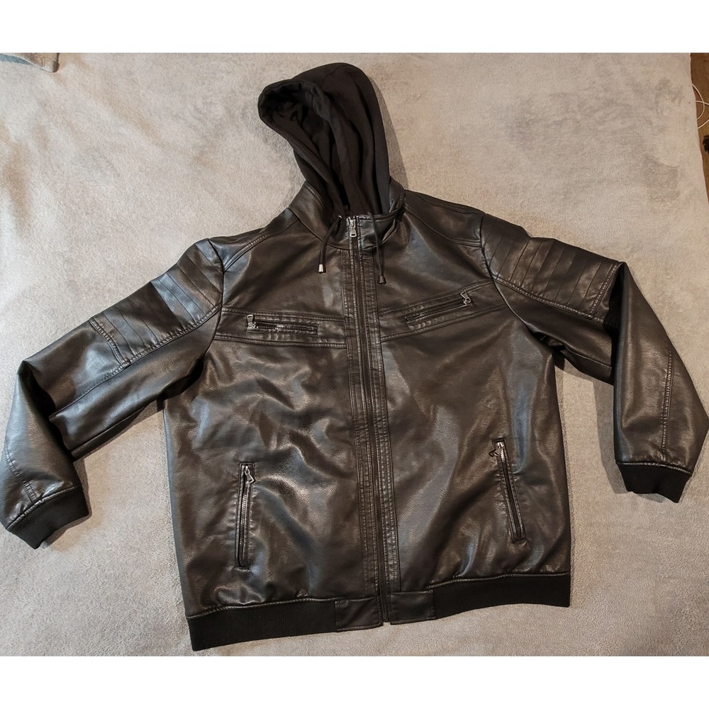 Murano Mens Black Faux Leather Moto Jacket with Hood 3XT Big & Tall RN58909